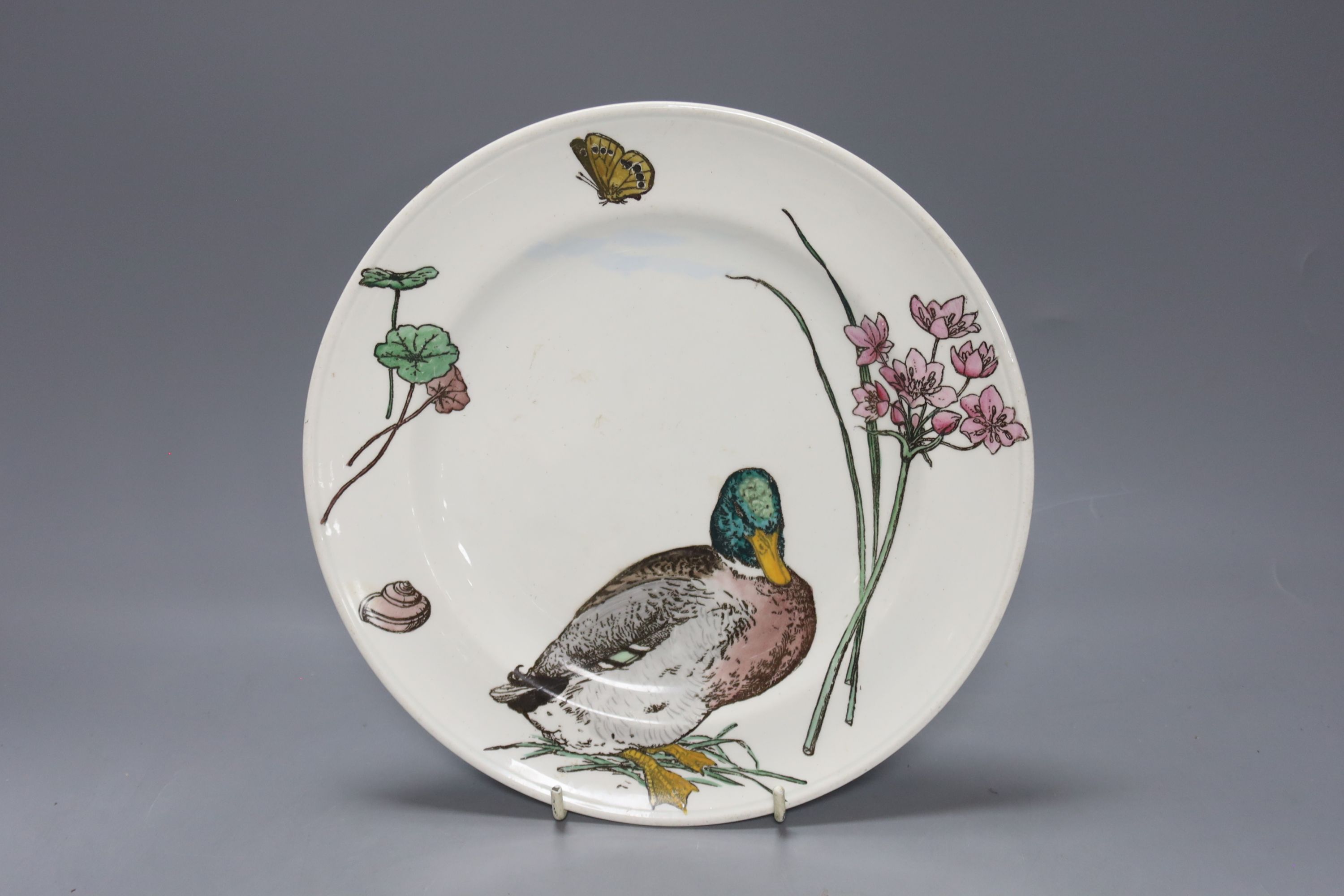 A Masons patent ironstone Imari pattern meat dish, 47cm, four plates and a Minton WS Coleman duck plate